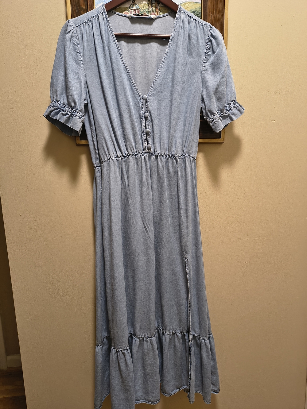 Zara Light Blue V-Neck Maxi Dress with Ruffle Sleeves